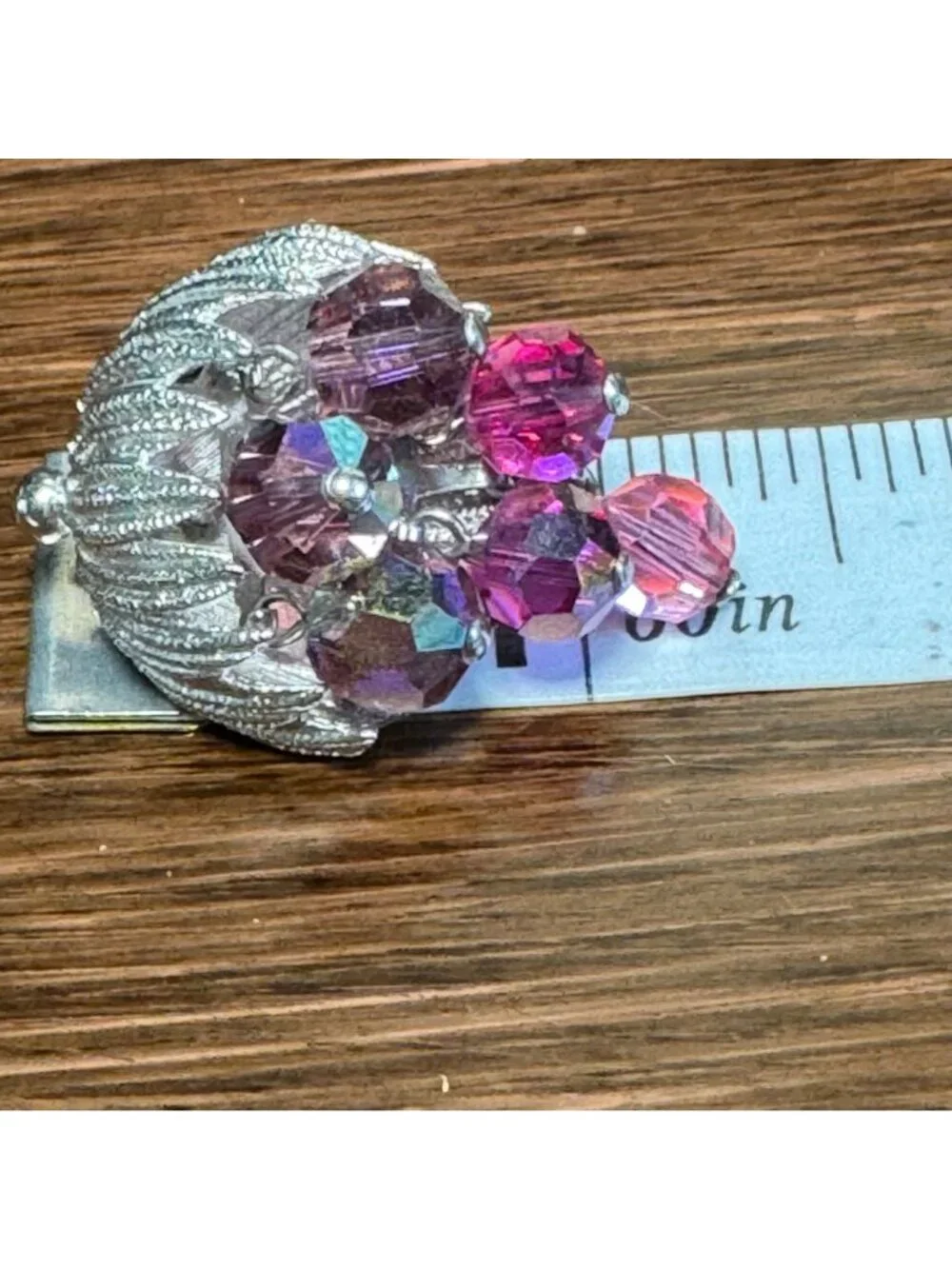 Vintage Grape Silver-Tone Clip-On Earrings Purple Crystal Beads Floral Design